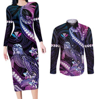Hawaiian Monk Seal Couples Matching Long Sleeve Bodycon Dress and Long Sleeve Button Shirt Kakau Tribal Pattern Violet Gradient LT05 Violet - Polynesian Pride