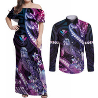 Hawaiian Monk Seal Couples Matching Off Shoulder Maxi Dress and Long Sleeve Button Shirt Kakau Tribal Pattern Violet Gradient LT05 Violet - Polynesian Pride