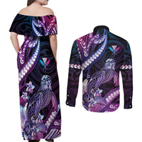 Hawaiian Monk Seal Couples Matching Off Shoulder Maxi Dress and Long Sleeve Button Shirt Kakau Tribal Pattern Violet Gradient LT05 - Polynesian Pride