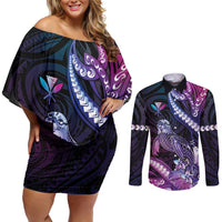 Hawaiian Monk Seal Couples Matching Off Shoulder Short Dress and Long Sleeve Button Shirt Kakau Tribal Pattern Violet Gradient LT05 Violet - Polynesian Pride