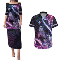 Hawaiian Monk Seal Couples Matching Puletasi and Hawaiian Shirt Kakau Tribal Pattern Violet Gradient LT05 Violet - Polynesian Pride