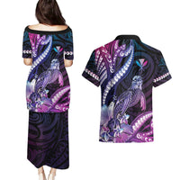 Hawaiian Monk Seal Couples Matching Puletasi and Hawaiian Shirt Kakau Tribal Pattern Violet Gradient LT05 - Polynesian Pride
