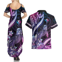 Hawaiian Monk Seal Couples Matching Summer Maxi Dress and Hawaiian Shirt Kakau Tribal Pattern Violet Gradient LT05 - Polynesian Pride
