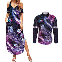 Hawaiian Monk Seal Couples Matching Summer Maxi Dress and Long Sleeve Button Shirt Kakau Tribal Pattern Violet Gradient LT05 Violet - Polynesian Pride