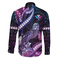 Hawaiian Monk Seal Family Matching Off Shoulder Maxi Dress and Hawaiian Shirt Kakau Tribal Pattern Violet Gradient