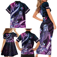 Hawaiian Monk Seal Family Matching Short Sleeve Bodycon Dress and Hawaiian Shirt Kakau Tribal Pattern Violet Gradient LT05 - Polynesian Pride