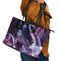 Hawaiian Monk Seal Leather Tote Bag Kakau Tribal Pattern Violet Gradient LT05 - Polynesian Pride