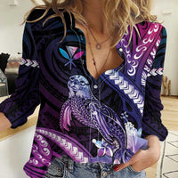 Hawaiian Monk Seal Women Casual Shirt Kakau Tribal Pattern Violet Gradient