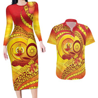 Vanuatu 46 Yia Indipendens Anivesari Couples Matching Long Sleeve Bodycon Dress and Hawaiian Shirt Tamtam Drum With Boar Tusk LT05 Yellow - Polynesian Pride