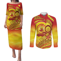 Vanuatu 46 Yia Indipendens Anivesari Couples Matching Puletasi and Long Sleeve Button Shirt Tamtam Drum With Boar Tusk LT05 Yellow - Polynesian Pride