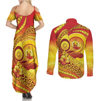 Vanuatu 46 Yia Indipendens Anivesari Couples Matching Summer Maxi Dress and Long Sleeve Button Shirt Tamtam Drum With Boar Tusk LT05 - Polynesian Pride