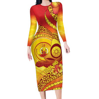 Vanuatu 46 Yia Indipendens Anivesari Family Matching Long Sleeve Bodycon Dress and Hawaiian Shirt Tamtam Drum With Boar Tusk LT05 Mom's Dress Yellow - Polynesian Pride