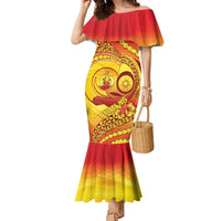 Vanuatu 46 Yia Indipendens Anivesari Family Matching Mermaid Dress and Hawaiian Shirt Tamtam Drum With Boar Tusk LT05 Mom's Dress Yellow - Polynesian Pride