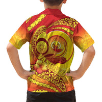 Vanuatu 46 Yia Indipendens Anivesari Family Matching Off The Shoulder Long Sleeve Dress and Hawaiian Shirt Tamtam Drum With Boar Tusk LT05 - Polynesian Pride