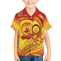 Vanuatu 46 Yia Indipendens Anivesari Family Matching Off The Shoulder Long Sleeve Dress and Hawaiian Shirt Tamtam Drum With Boar Tusk LT05 Son's Shirt Yellow - Polynesian Pride