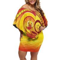 Vanuatu 46 Yia Indipendens Anivesari Family Matching Off Shoulder Short Dress and Hawaiian Shirt Tamtam Drum With Boar Tusk LT05 Mom's Dress Yellow - Polynesian Pride