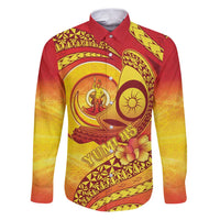 Vanuatu 46 Yia Indipendens Anivesari Family Matching Puletasi and Hawaiian Shirt Tamtam Drum With Boar Tusk LT05 Dad's Shirt - Long Sleeve Yellow - Polynesian Pride