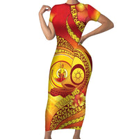 Vanuatu 46 Yia Indipendens Anivesari Family Matching Short Sleeve Bodycon Dress and Hawaiian Shirt Tamtam Drum With Boar Tusk LT05 Mom's Dress Yellow - Polynesian Pride