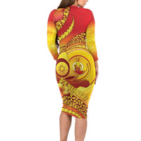 Vanuatu 45 Yia Indipendens Anivesari Long Sleeve Bodycon Dress Tamtam Drum With Boar Tusk - Polynesian Pride