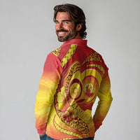 Vanuatu 46 Yia Indipendens Anivesari Long Sleeve Polo Shirt Tamtam Drum With Boar Tusk LT05 - Polynesian Pride