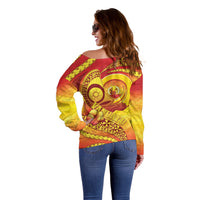 Vanuatu 46 Yia Indipendens Anivesari Off Shoulder Sweater Tamtam Drum With Boar Tusk LT05 - Polynesian Pride