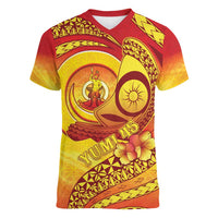 Vanuatu 45 Yia Indipendens Anivesari Women V-Neck T-Shirt Tamtam Drum With Boar Tusk - Polynesian Pride