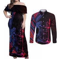 Samoan Pride Couples Matching Off Shoulder Maxi Dress and Long Sleeve Button Shirt The Tui Manua LT05 Black - Polynesian Pride