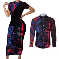 Samoan Pride Couples Matching Short Sleeve Bodycon Dress and Long Sleeve Button Shirt The Tui Manua LT05 Black - Polynesian Pride