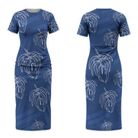 Aloha Hawaii Acacia Koa Leaves Couples Matching Short Sleeve Bodycon Dress and Hawaiian Shirt Navy Kakau Tribal Pattern LT05 - Polynesian Pride