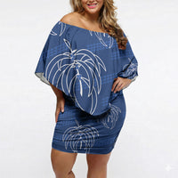 Aloha Hawaii Acacia Koa Leaves Off Shoulder Short Dress Navy Kakau Tribal Pattern LT05 Women Navy - Polynesian Pride