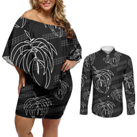 Aloha Hawaii Acacia Koa Leaves Couples Matching Off Shoulder Short Dress and Long Sleeve Button Shirt Black Kakau Tribal Pattern LT05 Black - Polynesian Pride