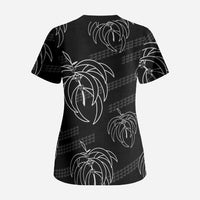 Aloha Hawaii Acacia Koa Leaves Scrub Top Black Kakau Tribal Pattern LT05 - Polynesian Pride
