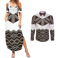 New Zealand Aotearoa Couples Matching Summer Maxi Dress and Long Sleeve Button Shirt Taniko Art Simple Style LT05 Brown - Polynesian Pride