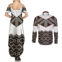 New Zealand Aotearoa Couples Matching Summer Maxi Dress and Long Sleeve Button Shirt Taniko Art Simple Style LT05 - Polynesian Pride