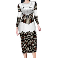 New Zealand Aotearoa Family Matching Long Sleeve Bodycon Dress and Hawaiian Shirt Taniko Art Simple Style LT05 Mom's Dress Brown - Polynesian Pride