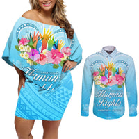 Universal Human Rights Month Couples Matching Off Shoulder Short Dress and Long Sleeve Button Shirt Polynesian Style LT05 Blue - Polynesian Pride