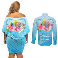 Universal Human Rights Month Couples Matching Off Shoulder Short Dress and Long Sleeve Button Shirt Polynesian Style LT05 - Polynesian Pride