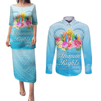 Universal Human Rights Month Couples Matching Puletasi Dress and Long Sleeve Button Shirt Polynesian Style LT05 Blue - Polynesian Pride
