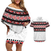 New Zealand Aotearoa Couples Matching Off Shoulder Short Dress and Hawaiian Shirt With Kowhaiwhai Pattern Red Version LT05 Red - Polynesian Pride