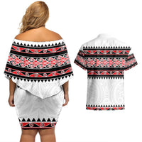 New Zealand Aotearoa Couples Matching Off Shoulder Short Dress and Hawaiian Shirt With Kowhaiwhai Pattern Red Version LT05 - Polynesian Pride