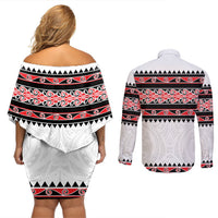 New Zealand Aotearoa Couples Matching Off Shoulder Short Dress and Long Sleeve Button Shirt With Kowhaiwhai Pattern Red Version LT05 - Polynesian Pride