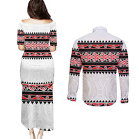 New Zealand Aotearoa Couples Matching Puletasi Dress and Long Sleeve Button Shirt With Kowhaiwhai Pattern Red Version LT05 - Polynesian Pride