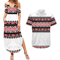 New Zealand Aotearoa Couples Matching Summer Maxi Dress and Hawaiian Shirt With Kowhaiwhai Pattern Red Version LT05 Red - Polynesian Pride