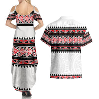 New Zealand Aotearoa Couples Matching Summer Maxi Dress and Hawaiian Shirt With Kowhaiwhai Pattern Red Version LT05 - Polynesian Pride
