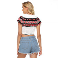 New Zealand Aotearoa Raglan Cropped T Shirt With Kowhaiwhai Pattern Red Version LT05 - Polynesian Pride