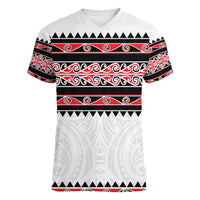 New Zealand Aotearoa Women V Neck T Shirt With Kowhaiwhai Pattern Red Version LT05 Female Red - Polynesian Pride