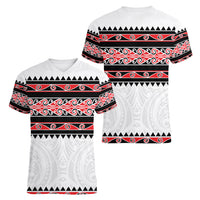 New Zealand Aotearoa Women V Neck T Shirt With Kowhaiwhai Pattern Red Version LT05 - Polynesian Pride