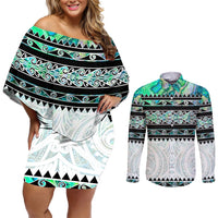 New Zealand Aotearoa Couples Matching Off Shoulder Short Dress and Long Sleeve Button Shirt With Paua Shell Kowhaiwhai Pattern LT05 Green - Polynesian Pride