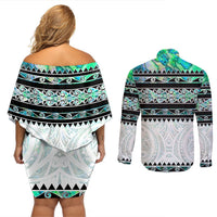 New Zealand Aotearoa Couples Matching Off Shoulder Short Dress and Long Sleeve Button Shirt With Paua Shell Kowhaiwhai Pattern LT05 - Polynesian Pride