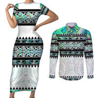 New Zealand Aotearoa Couples Matching Short Sleeve Bodycon Dress and Long Sleeve Button Shirt With Paua Shell Kowhaiwhai Pattern LT05 Green - Polynesian Pride